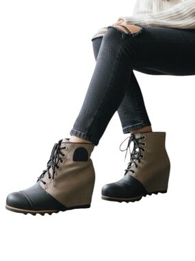 SOREL PDX Black Waterproof Leather & Tan Textile Hidden Wedge Winter Booties